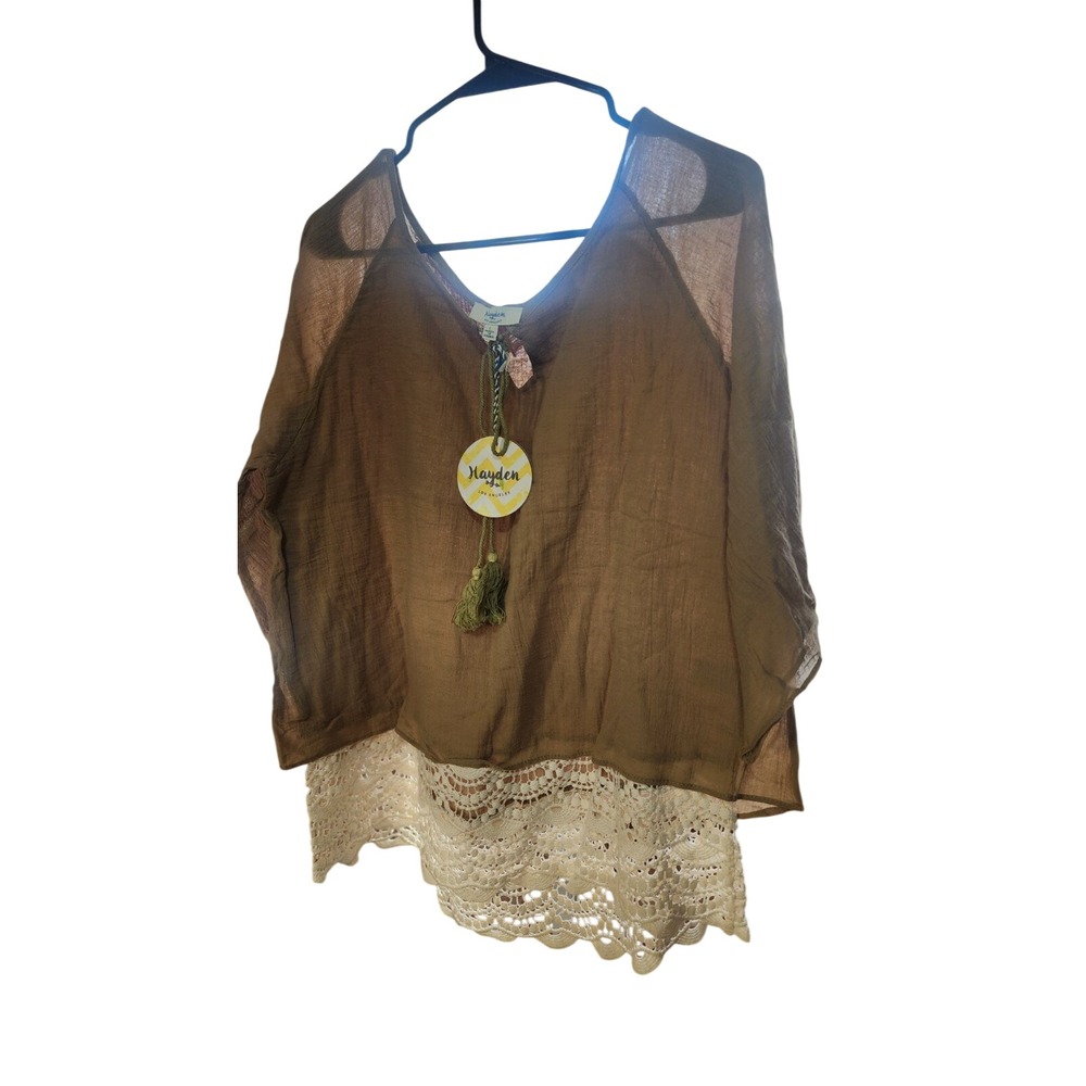 Hayden Los Angeles Boho Lace Hem Blouse Brown Olive Crochet V-Neck‎ Large NWT